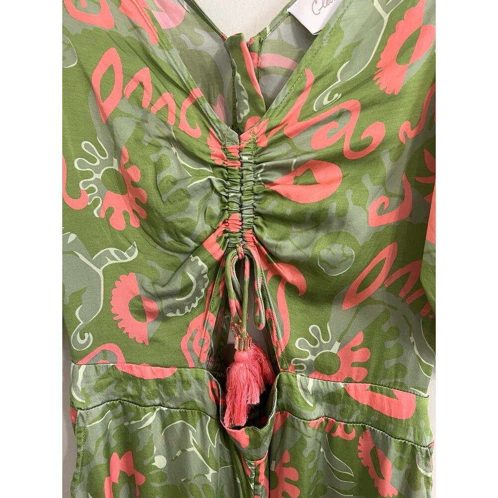 NWOT CLEOBELLA Claire Green Satin Jumpsuit Sz S Abstract Print Short Sleeve - Picture 8 of 13